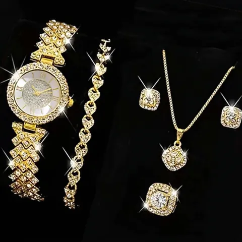 Women Luxury Rhinestone Alloy Quartz Wristwatch Necklace Bracelet Earrings Ring Elegant Fashion Jewelry Ladies Gift