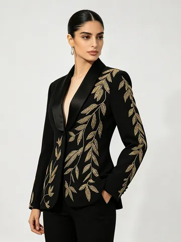 Women Elegant Slim Fit Black Blazer With Gold Leaf Embroidery Satin Shawl Collar Fashion Formal Party Suit Jacket For Lady