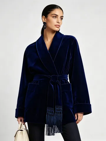 Women's Luxurious Velvet Blazer Jacket With Tassel Tie Belt Elegant Long Sleeve Wrap V-Neck Vintage Casual Outerwear