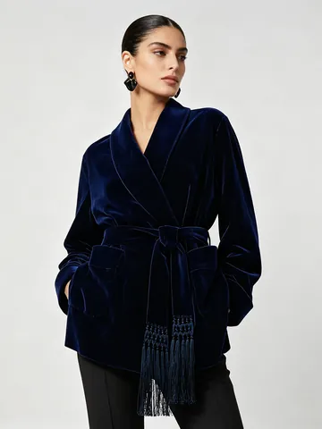 Women's Luxurious Velvet Blazer Jacket With Tassel Tie Belt Elegant Long Sleeve Wrap V-Neck Vintage Casual Outerwear