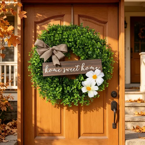 Artificial Eucalyptus Wreath Door Hanging Burlap Bow Wood Sign Home Sweet Home White Flowers Rustic Farmhouse Decor