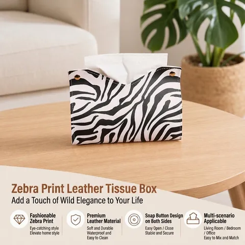 Zebra Print PU Leather Tissue Box Holder Foldable Napkin Case V-Opening Metal Buttons Home Car Decor