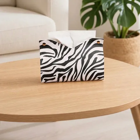 Zebra Print PU Leather Tissue Box Holder Foldable Napkin Case V-Opening Metal Buttons Home Car Decor