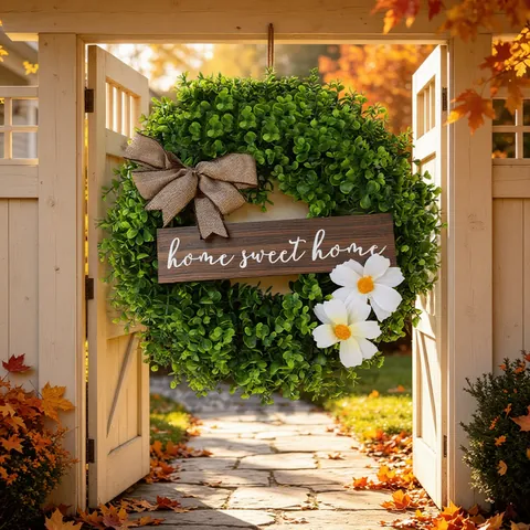 Artificial Eucalyptus Wreath Door Hanging Burlap Bow Wood Sign Home Sweet Home White Flowers Rustic Farmhouse Decor