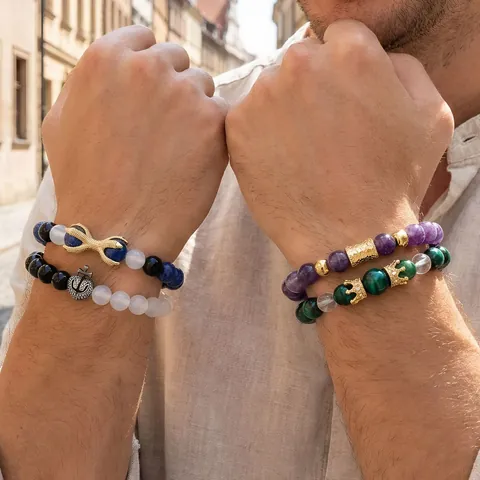 Natural Semi Precious Stone Beaded Bracelet For Men Vintage Copper Zirconia Crown Infinity Anchor Pendant Stretch Jewelry