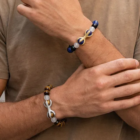 Natural Semi Precious Stone Beaded Bracelet For Men Vintage Copper Zirconia Crown Infinity Anchor Pendant Stretch Jewelry