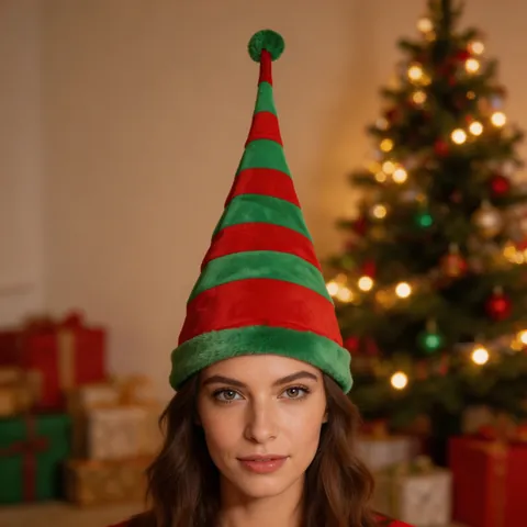 Christmas Elf Hat Long Striped Bendable Iron Wire Plush Cloth Holiday Party Costume Accessories Red Green White Pom Pom