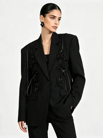 Women Butterfly Sequin Applique Blazer Casual Long Sleeve Patchwork Suit Jacket With Lace Up Back Detail Office Outwear