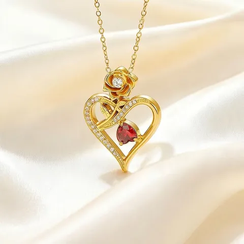 Heart Pendant Necklace For Women Stainless Steel Rose Flower Love Mom Heart Zirconia Inlaid Gold Silver Jewelry Gift