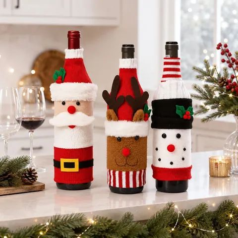 Copribottiglia di Vino di Natale a Maglia in Stoffa Babbo Natale Pupazzo di Neve Renna Decorazione per Tavola Festa Regalo