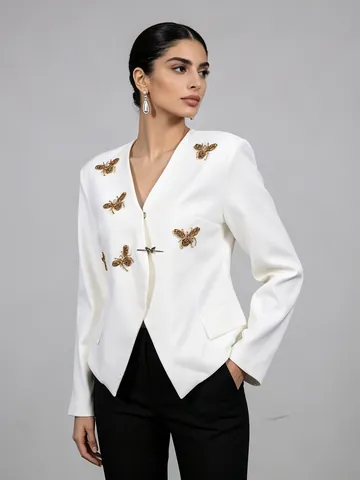 British Style Slim Fit Bee Embroidery Blazer Women Elegant V-Neck Long Sleeve Suit Jacket With Butterfly Buckle Office Lady