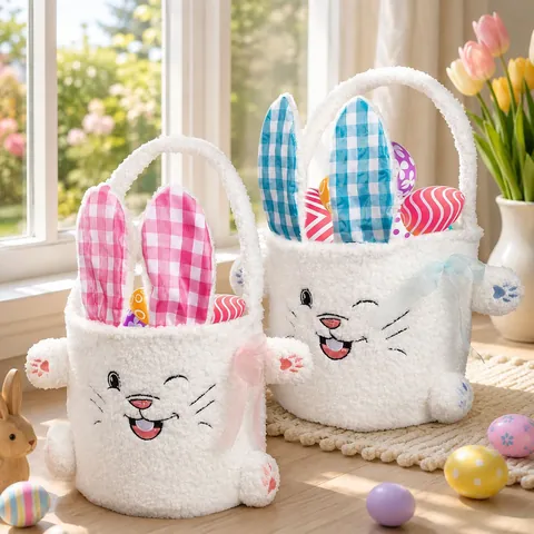 Paashaas Pluche Mand Cadeautas Voor Kinderen Schattige Konijn Opbergtas Met Ruitjes Oren Feestelijke Decoratie