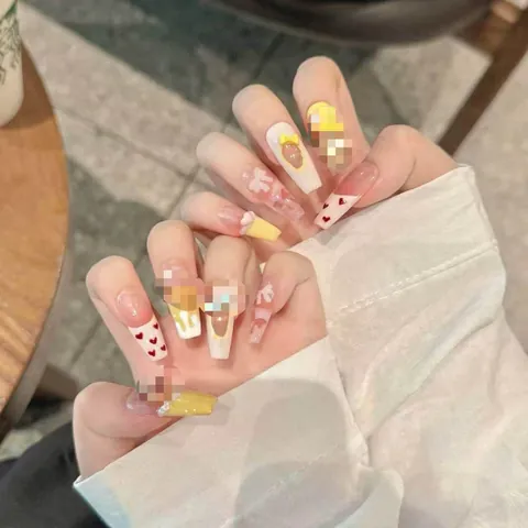Handmade Press On Nails Long Coffin 3D Cartoon Bear Bow Heart French Style Sweet Cute Decorative Fake Nails For Women
