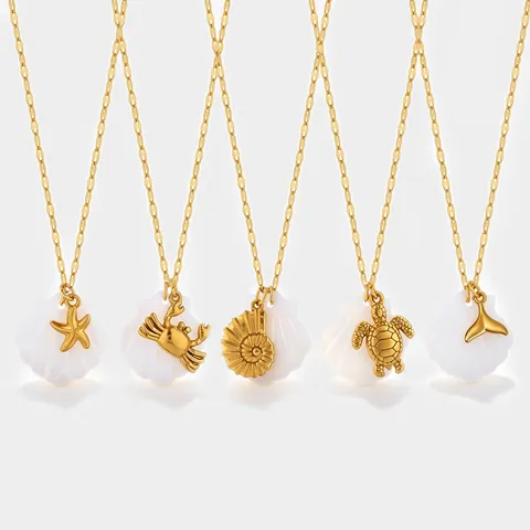 Goldbeschichtete Edelstahl Muschel Meereslebewesen Anhänger Halskette Für Damen Sommer Strand Seestern Conch Meeresschildkröte Schmuck