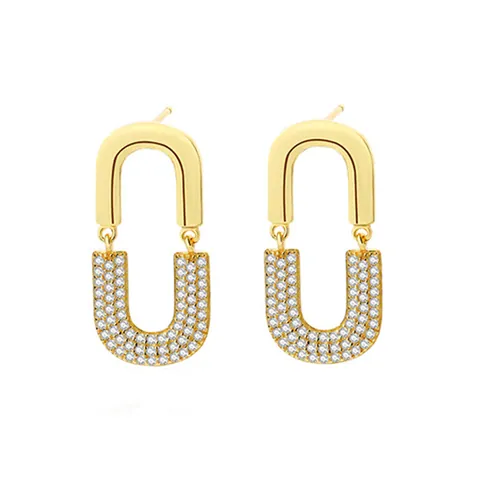925 Sterling Silver U Shaped Earrings 18K Gold Plated White Zircon Geometric Oval Link Jewelry For Women