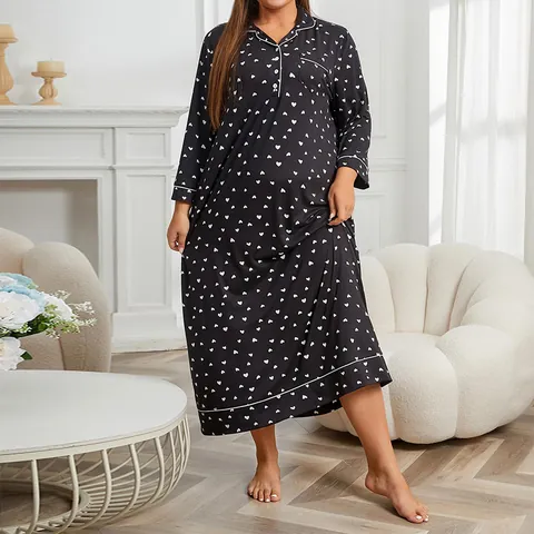Women Plus Size Nightgown Long Sleeve Heart Print Sleepwear Revere Collar Button Down Loungewear Polyester Elastane Nightdress