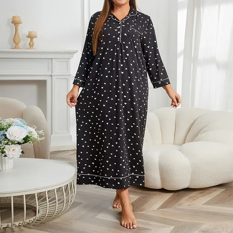 Women Plus Size Nightgown Long Sleeve Heart Print Sleepwear Revere Collar Button Down Loungewear Polyester Elastane Nightdress