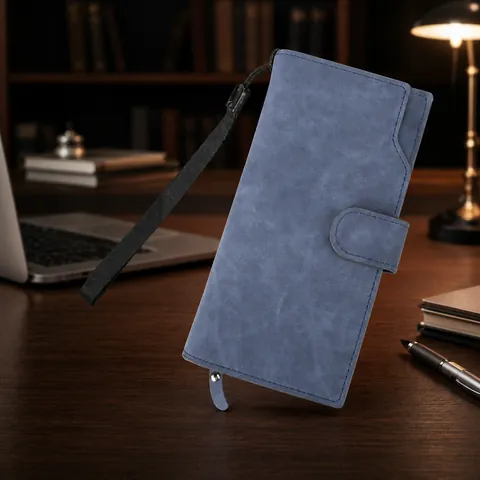 Cartera Larga Hombre Cuero PU Esmerilado Gran Capacidad Cremallera Bolso Mano Funda Móvil Business Vintage