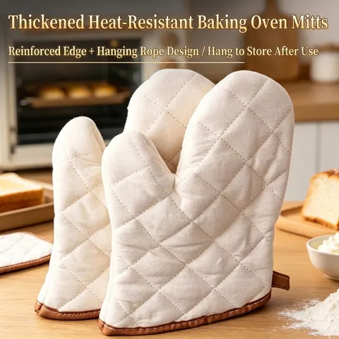 Quilted Cotton Oven Mitts Heat Resistant Thickened Kitchen Baking Cooking Gloves With Hanging Loop For Microwave BBQ