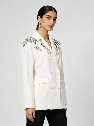 Women Luxury Embroidered Rhinestone Blazer Jacket Double Breasted Floral Beadwork Slim Fit Commuter Formal Suit Outerwear