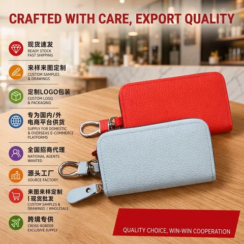 PU Leather Key Case Lychee Pattern Zipper Wallet Multi-functional With Swivel Hook Portable Fashion Bag For Women Men