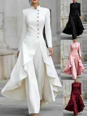French Style Mock Neck Gold Button Top And Bottom Set Elegant Asymmetric Pants Skirt Two Piece Outfit For Women Party Fashion