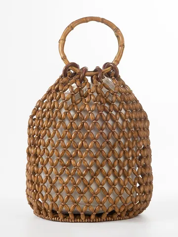 Sac Seau En Perles De Bois Tissé Main Pour Femme Poignée En Bambou Style Bohème Sac À Main Plage Pochette En Toile