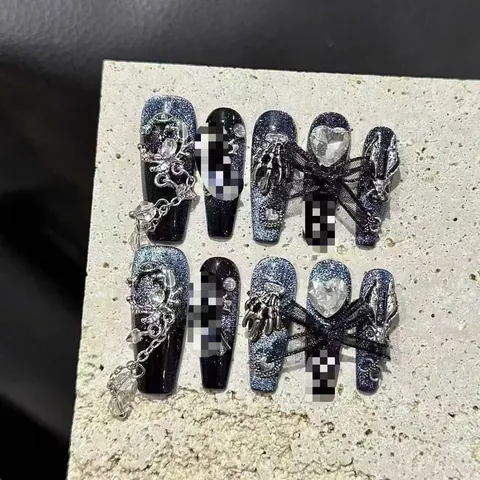 Press On Nails Long Coffin Gothic Punk Dark Blue Glitter With 3D Rhinestone Metal Cross Heart Charms Handmade Luxury