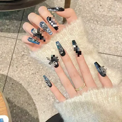 Press On Nails Long Coffin Gothic Punk Dark Blue Glitter With 3D Rhinestone Metal Cross Heart Charms Handmade Luxury