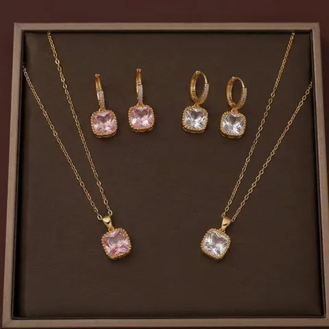 Moda Acero Inoxidable Colorido Zirconia Geométrico Cuadrado Colgante Collar Y Pendientes Conjunto Elegante Joyería Para Mujer Regalo