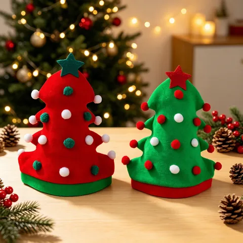 Christmas Tree Shape Party Hat Felt Festive Decorative Hat With Plush Balls Star Top Novelty Holiday Costume Accessory