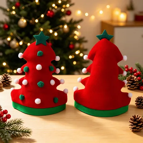 Christmas Tree Shape Party Hat Felt Festive Decorative Hat With Plush Balls Star Top Novelty Holiday Costume Accessory