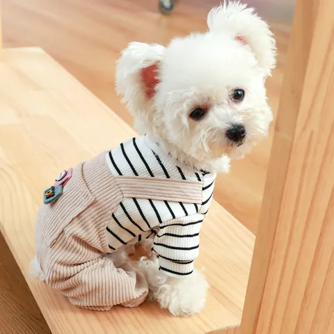 Casual Pet Dog Overalls Jumpsuit Striped T-Shirt Set Soft Corduroy Denim Puppy Clothing For Small Dogs Cats Outfit