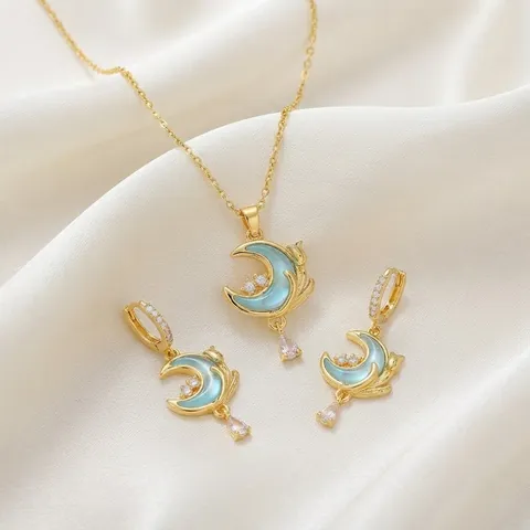 Luxus Edelstahl Vergoldet Blau Mond Katze Anhänger Halskette Zirkonia Tropfen Ohrringe Nischen Design Romantischer Schmuck