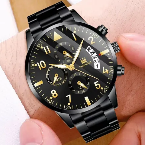 Men's Quartz Watch Stainless Steel Band Calendar Business Fashion Wristwatch Round Dial Elegant Classic
