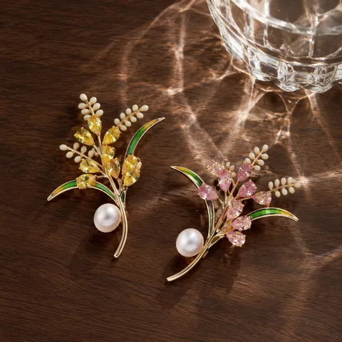 New Chinese Style Wheat Ear Flower Brooch For Women Alloy Zirconia Artificial Pearl Enamel Elegant Light Luxury Bouquet Corsage Accessory
