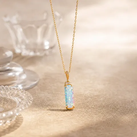 925 Sterling Silver Geometric Cylinder Artificial Opal Pendant Necklace With Rhinestone For Women Moss Agate Gemstone Jewelry
