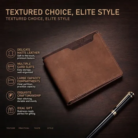Men Bifold Wallet Matte PU Leather Short Money Clip Multi Card Slots Vintage Business Style
