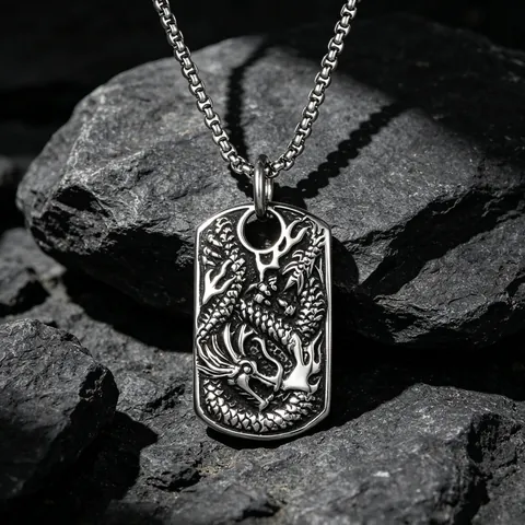 Vintage Dragon Pendant Necklace 316L Stainless Steel Chinese Zodiac Dragon Tag Necklace For Men Ethnic Style Relief Jewelry Gift