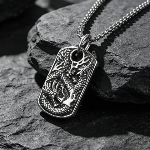 Vintage Dragon Pendant Necklace 316L Stainless Steel Chinese Zodiac Dragon Tag Necklace For Men Ethnic Style Relief Jewelry Gift