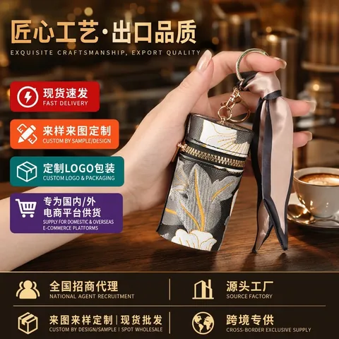 Chinese Style Floral Embroidery Mini Lipstick Bag With Silk Scarf Keychain Elegant Cylinder Coin Purse Pouch For Women Daily