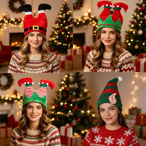 Funny Christmas Elf Hat Christmas Tree Hat Plush Elf Leg Pants Hat With Bells Red Green Striped Festive Party Decoration Costume Accessories