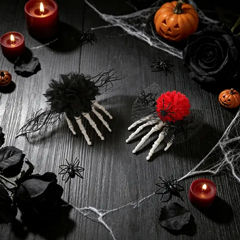 Halloween Skeleton Hand Hair Clip Gothic Ghost Claw Hairpin With Satin Flower Mesh Veil Spider For Party Costume Accessory Women