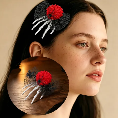 Halloween Skeleton Hand Hair Clip Gothic Ghost Claw Hairpin With Satin Flower Mesh Veil Spider For Party Costume Accessory Women