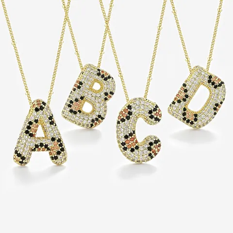 3D Bubble Alphabet Anhänger Halskette Kupfer Vergoldet Mit Leopardenmuster Bunten Zirkonen Modischer Initial Schmuck
