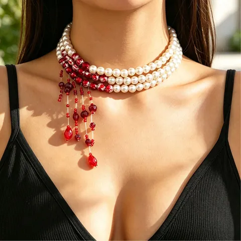 Vintage Gothic Multi Layer Artificial Pearl Choker Necklace For Women Resin Drop Flower Pendant Tassel Beads Statement Collar Chain Festive Party Costume Jewelry Gift