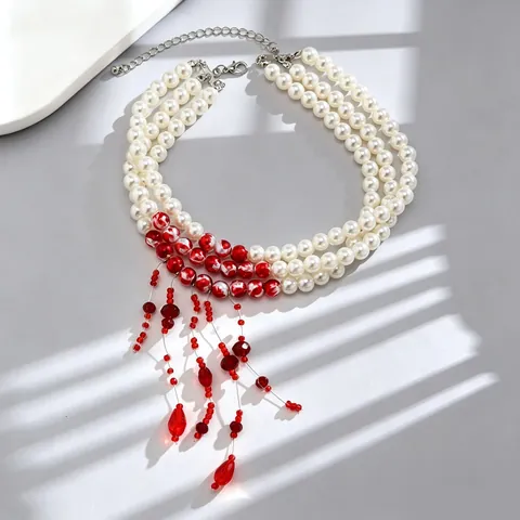 Vintage Gothic Multi Layer Artificial Pearl Choker Necklace For Women Resin Drop Flower Pendant Tassel Beads Statement Collar Chain Festive Party Costume Jewelry Gift