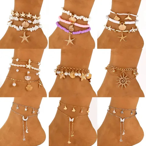 Bohemian Layered Anklets For Women Gold Silver Color Butterfly Star Moon Heart Rhinestone Shell Artificial Pearl Beach Anklet Jewelry