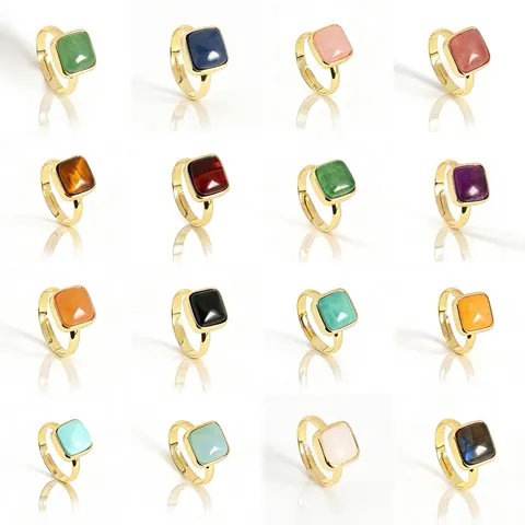 Natural Crystal Square Natural Stone Gold Plated Copper Open Adjustable Ring For Women Aquamarine Tiger Eye Moonstone Minimalist Jewelry Gift
