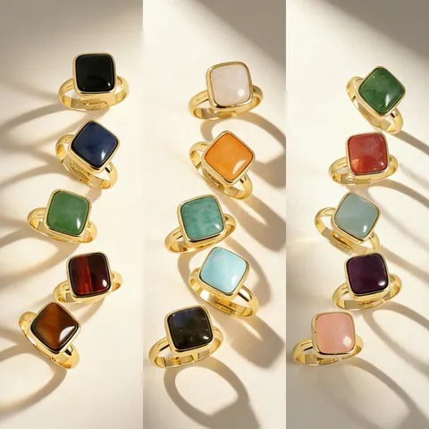Natural Crystal Square Natural Stone Gold Plated Copper Open Adjustable Ring For Women Aquamarine Tiger Eye Moonstone Minimalist Jewelry Gift